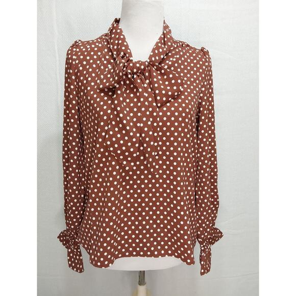 *NWT* Abbott Elementary S Brown/White Dots Long Sleeve Blouse W/Tassele #L6 - Picture 1 of 4